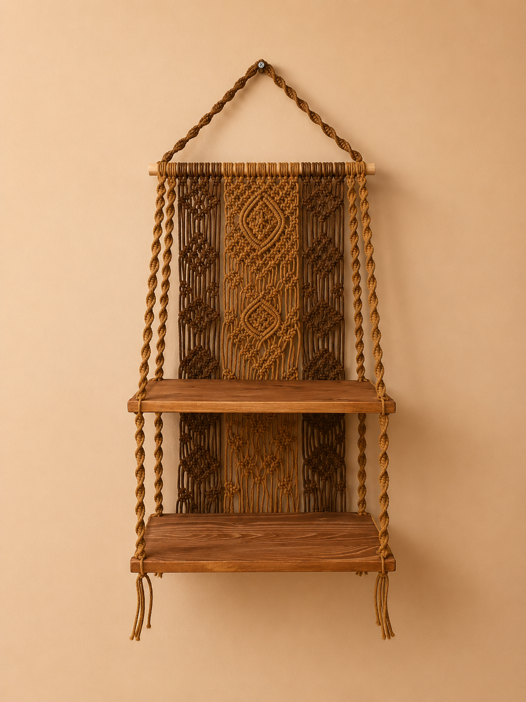 Mensola Pensile in Macramè e Legno naturale